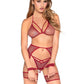 Leg Avenue Shimmer Net Bra Top, G-String Panty, Garter Harness and Wrist Ties - Red/Silver - One Size - 4 Piece