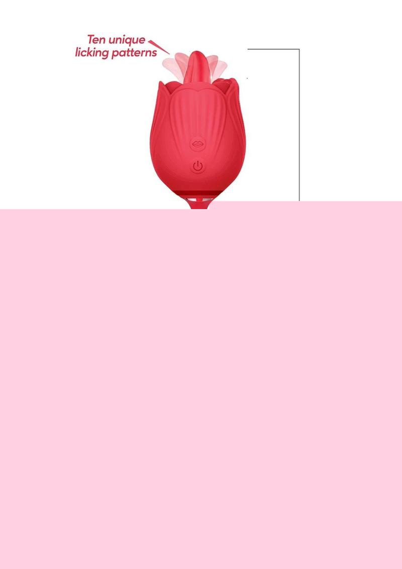 Wild Rose Lick and Thrust Rechargeable Silicone Dual Vibrator with Clitoral Stimulator - Red
